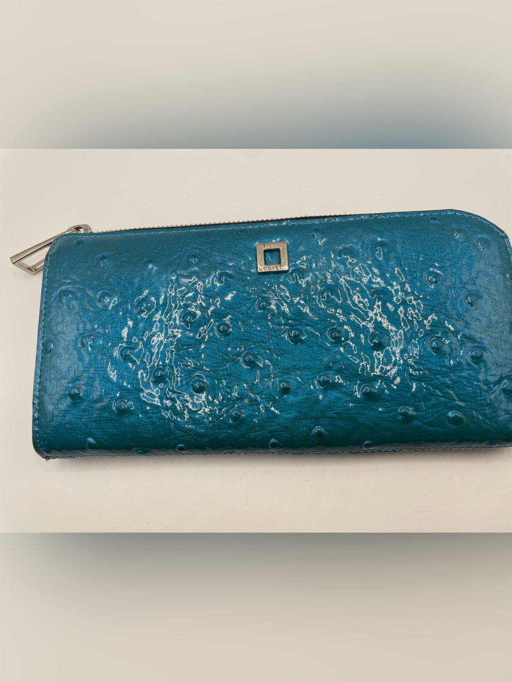 Lodis Teal Ostrich‎ Embossed Patent Leather Zip Around Wallet Clutch